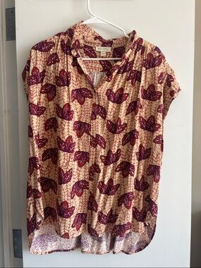 Cream Short-Sleeve Blouse with Burgundy Leaf Print
